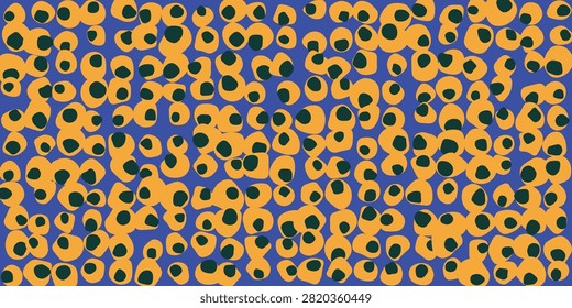 An engaging illustration showcasing a dense repeating pattern of orange and dark green organic circular shapes on a blue background. This unique design provides a fun and tactile aesthetic suitable for modern surface pattern design and creative branding projects.