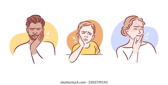 An engaging illustration that depicts various facial expressions of individuals who are experiencing dental discomfort. recognizing Expressions of Dental Pain in both Adults and Children