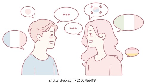 An engaging illustration of two people in a language exchange, promoting cultural understanding and appreciation