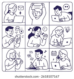 Engaging illustrations of people working and communicating various settings, showcasing activities like typing, brainstorming, and enjoying coffee. images reflect modern work environment filled