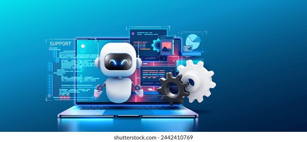 An engaging image of a robot AI assistant offering support, depicted with floating gears and a high-tech laptop interface. Bot with digital tablet near gears and messages. Vector illustration