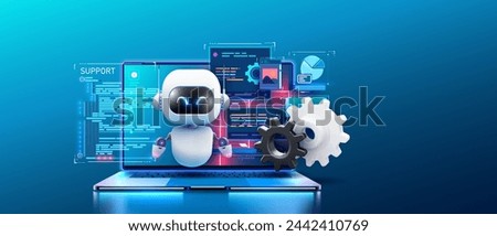 An engaging image of a robot AI assistant offering support, depicted with floating gears and a high-tech laptop interface. Bot with digital tablet near gears and messages. Vector illustration