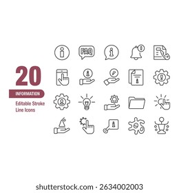 Engaging information hub with twenty editable stroke line icons perfect for digital design in vector