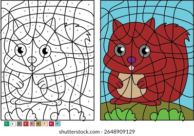Engaging Kids with a Cute Baby Squirrel Color by Number Worksheet: Fun Educational Activity for Children's Creativity, Motor Skills, and Number Recognition Learning.