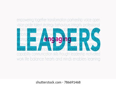 Engaging Leaders word cloud on a white background with blue text