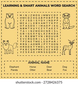 Engaging learning activity: smart animals word search puzzle with various wildlife
