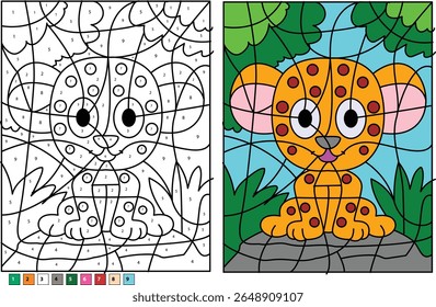 Envolvendo leopardo filhote de cor por folha de número, mostrando o contorno detalhado e a ilustração finalizada alegre e de cores brilhantes para crianças.
