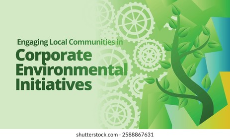 Engaging Local Communities in Corporate Environmental Initiatives concept. abstract polygonal with green plant and gears for go green concept. template vector illustration 