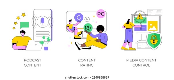 Engaging marketing abstract concept vector illustration set. Podcast content rating, media content control, promotion strategy, monetization, games and apps, user guidelines abstract metaphor.