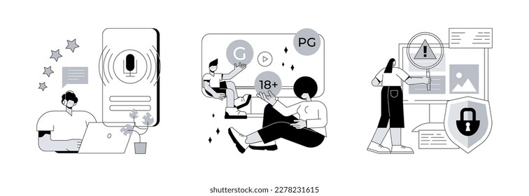 Engaging marketing abstract concept vector illustration set. Podcast content rating, media content control, promotion strategy, monetization, games and apps, user guidelines abstract metaphor.