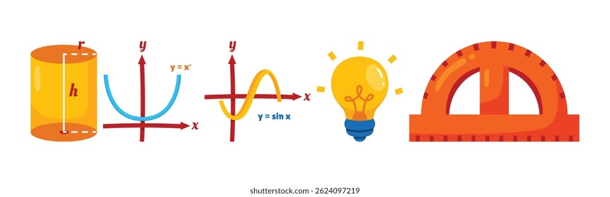 Envolvendo visualização de conceito matemático com equações, cilindro, lâmpada e protrator