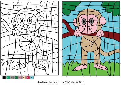 Betrokken aap kleur op nummer activiteit met lijnkunst en een afgerond voorbeeld. Perfect educatief spel voor kinderen om kleuren en getallen te leren terwijl ze fijne motoriek en creativiteit ontwikkelen.