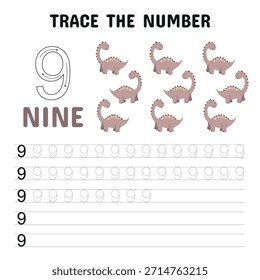 Interesante hoja de trabajo de rastreo número 9 con lindos dinosaurios. Este imprimible es ideal para que los niños de preescolar y jardín de infantes practiquen la formación de números, el recuento y las primeras habilidades de escritura a mano.