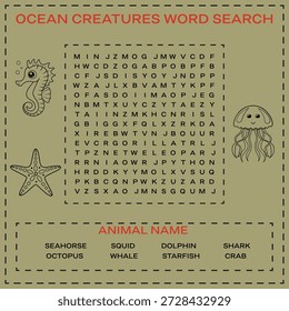 Engaging ocean creatures word search puzzle for children featuring marine animals
