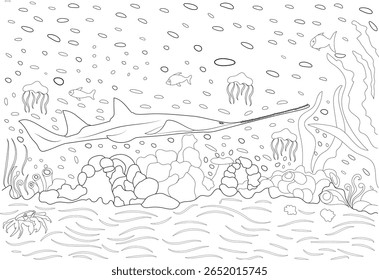 Engaging ocean ecosystem line art featuring a sawfish, jellyfish, fish, and crab among coral, ideal for kids' coloring, education, and marine exploration projects.
