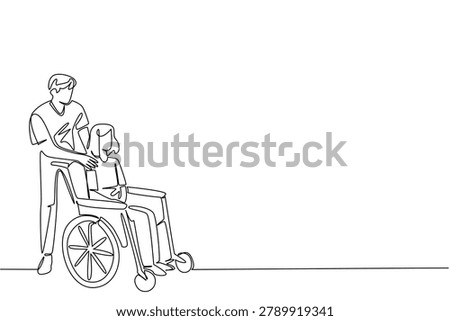 Engaging one line drawing presenting a young nursing man carefully pushing an elderly woman in a wheelchair. Useful senior home care concept designed for medical brochure or charity event flyer.