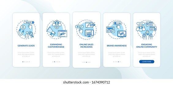 Engaging online community onboarding mobile app page screen with concepts. Brand awareness walkthrough 5 steps graphic instructions. UI vector template with RGB color illustrations
