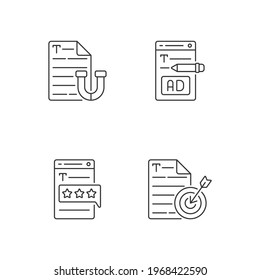 Engaging online content linear icons set. Appealing text. Writing ads for online marketing. Customizable thin line contour symbols. Isolated vector outline illustrations. Editable stroke