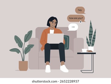 Engaging online conversation on a cozy  armchair with vibrant plants and warm ambiance during an afternoon study session