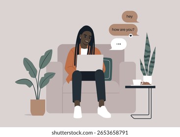 Engaging online conversation on a cozy  armchair with vibrant plants and warm ambiance during an afternoon study session