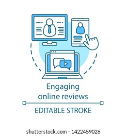 Engaging online reviews concept icon. Online PR idea thin line illustration. Recommendation. Online buying. Clients positive review, feedback. Vector isolated outline drawing. Editable stroke
