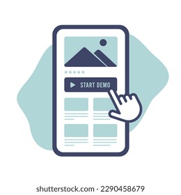 Engaging paid app or website demo concept. Mobile phone screen displays vivid content with prominent start demo button. Cursor clicks to initiate an immersive user experience and trial period