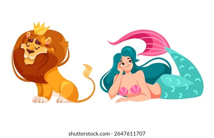 Engaging and Playful Cartoon Lion and Enchanting Mermaid Characters for Creative Projects