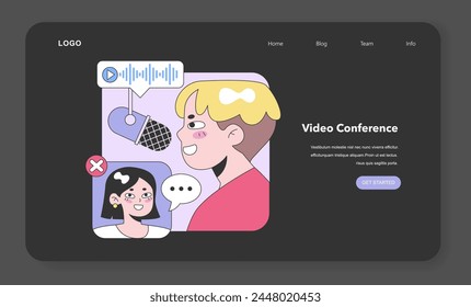 Engaging podcast scene showcases a lively male host, an audio wave symbol, and a female listener. Dive into interactive audio experiences. Flat vector illustration.