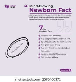 Engaging purple template featuring fascinating newborn development facts. Great for pediatric clinics, parenting blogs, and education campaigns to boost engagement and parent knowledge.