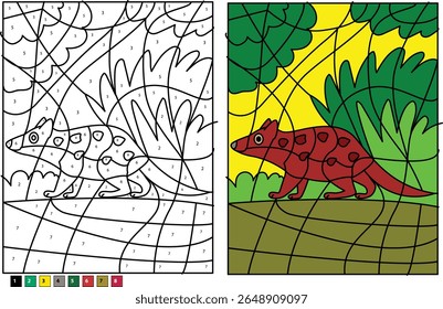 Envolvendo a atividade Quoll Color by Number para crianças, apresentando um marsupial tipo dingo em seu habitat natural, perfeito para o aprendizado precoce, habilidades motoras finas e diversão criativa.