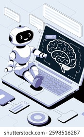 Engaging Robot Illustration on Laptop, Showcasing AI Brain Integration in a Modern Digital Interface