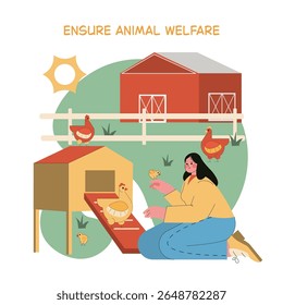 An engaging scene on a sustainable egg farm shows a person caring for hens and chicks. The illustration emphasizes the importance of animal welfare in agricultural practices.