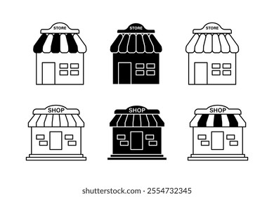 Engaging Shop Store Front View Icons for User Experience Design, Eye-Catching Store Front Icons for Product Displays, shop, store, icon, retail, business, ecommerce, marketplace, mall, silhouette