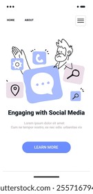 Engaging with social media concept featuring doodle-style icons and a character interacting with various app symbols on a mobile app screen