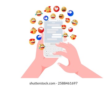 Engaging Social Media Messaging and Messenger Concept: Hands Holding and Typing on Smartphone with Emoji Notifications, Likes, Hearts, Smiles, Love, Laughs. Vector.