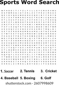 Engaging Sports Word Search Puzzle Soccer, Tennis, Cricket, Baseball, Boxing, Golf