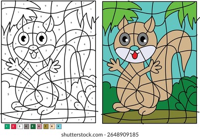Engaging Squirrel Color by Number Puzzle for Children's Learning and Creative Fun. Adorable cartoon squirrel illustration perfect for educational activities, art projects, and printable games.