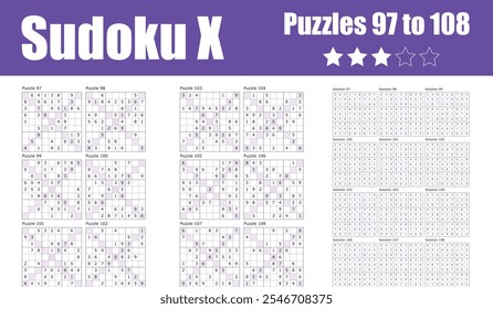 Rompecabezas Sudoku X 97-108 para jugadores de nivel Mediano, con cuadrículas diagonales y soluciones. Perfecto para mejorar el pensamiento lógico y las habilidades de resolución de problemas