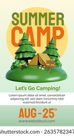 An engaging summer camp theme highlighting camping experiences, surrounded by nature and fun activities.