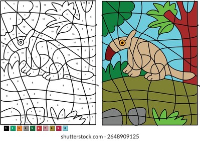 Envolvendo tamandua cor por número ilustração para crianças, apresentando um tamanduá divertido em uma cena de selva, ideal para atividades educacionais e desenvolvimento artístico.