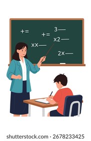 Engaging teacher instructing student at desk in classroom math lesson with chalkboard equations learning