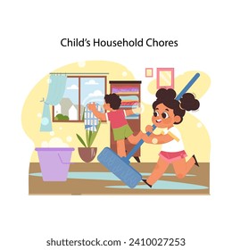 Engaging in teamwork concept. Siblings share household tasks, learning cooperation and responsibility. Joyful chore time with family. Helping parents and learning new skills. Flat vector illustration