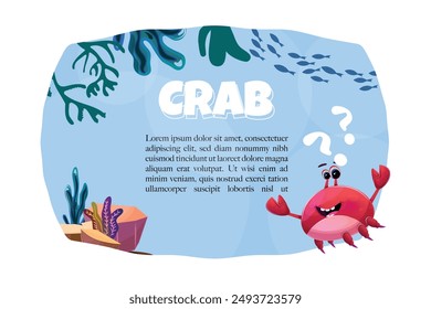 Engagierender Unterwasser-Banner mit einer süßen roten Krabbe mit blauer Brille mit der Überschrift CRAB. Das Design umfasst Seegras, Korallen und Fischsilhouetten