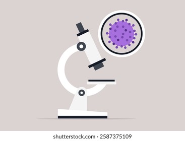 Engaging with the unseen world, scientists examine a virus through a microscope, uncovering its unique characteristics and structure in a sterile laboratory environment