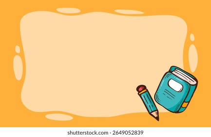 Engaging vector background featuring a wavy frame with a hand-drawn book and pencil, ideal for school promotions, learning materials, or children's educational content.
