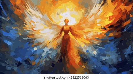 Ilustración vectorial de una pintura abstracta angélica - Ángel con alas coloridas brillantes en un fondo pálido