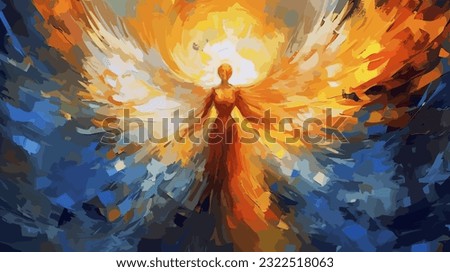 Engaging Vector Illustration of an Angelic Abstract Painting - Angel with Glowing Colorful Wings on a Pale Background