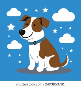engaging vector illustration of a cartoon dog with a cloud and starry background, perfect for children's books, wallpapers, and educational materials.