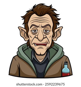 Engaging vector illustration of a cartoon man with a grumpy look and large ears, wearing a brown jacket with a green collar and a gray shirt, accompanied by a bottle of red liquid, conveying a feeling