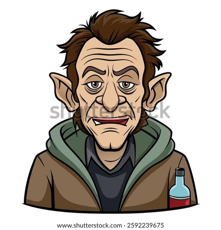 Engaging vector illustration of a cartoon man with a grumpy look and large ears, wearing a brown jacket with a green collar and a gray shirt, accompanied by a bottle of red liquid, conveying a feeling